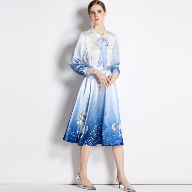 Stylish Top and Skirt Two-Piece Satin Mid-Length Suit