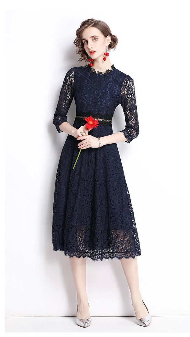 New Women's Temperament Lace Embroidery Slimming Mid-Length A-Line Skirt Dress