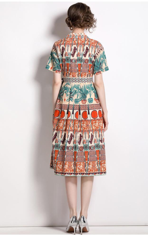 Vintage Printed Single Breasted Lace-Up Waist A-Line Skirt Short Sleeved Dress