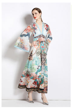 V-Neck Long-Sleeved Chiffon Fashion Resort Style Retro Full-Length Skirt Dress