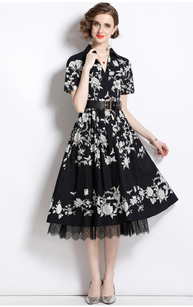 Temperament Lace Print High-Waisted Short-Sleeved Mid-Length Dress with Belt