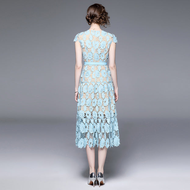 Hollow Oout Water-Soluble Flower Embroidery Round Neck Short Sleeve Solid Color Elegant Long Skirt Dress