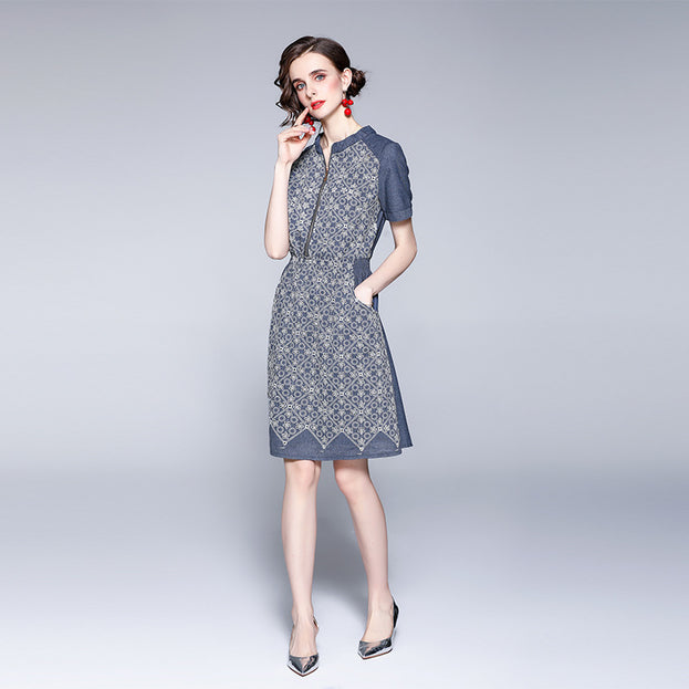 Jacquard Embroidery Stand-Up Collar Half Zipper Denim Dress