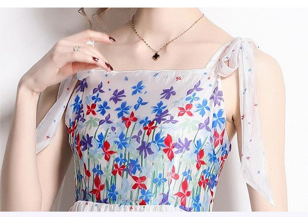 Printed Cake Skirt Lace-Up Suspender Dress