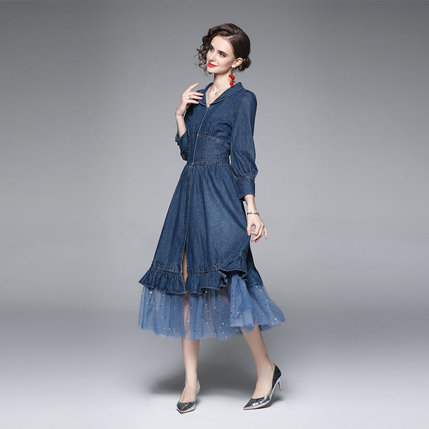 Vintage Long-Sleeved Tucked Waist Denim Patchwork Mesh Long Skirt Dress