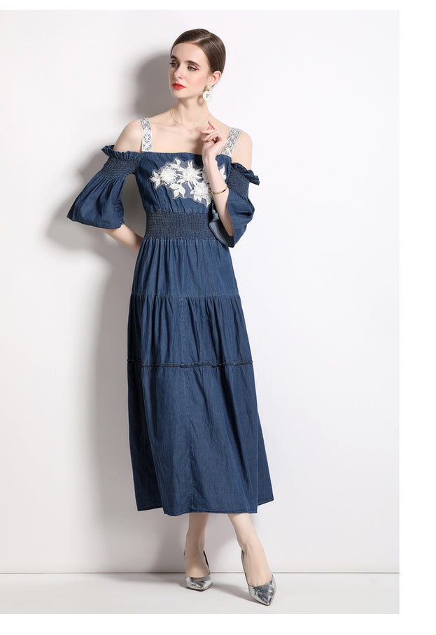 Off Shoulder Bust Embroidery Halter Denim Dress