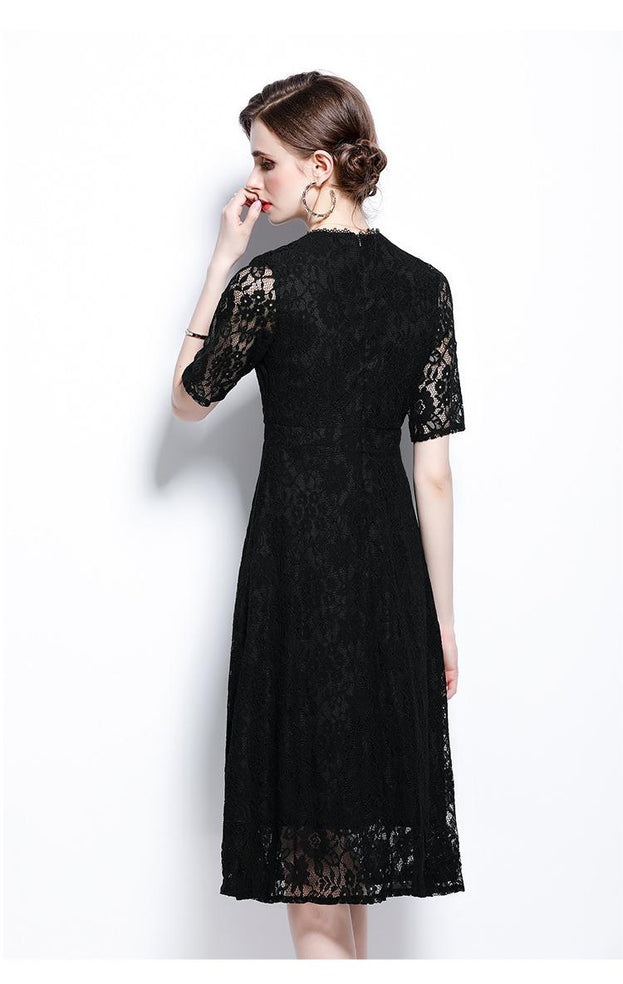 Button Down Short Sleeve Black Lace Dress