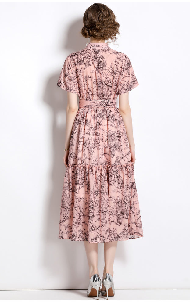 Temperament Vintage Print Short Sleeve Large Swing Slim Lapel Long Skirt Dress