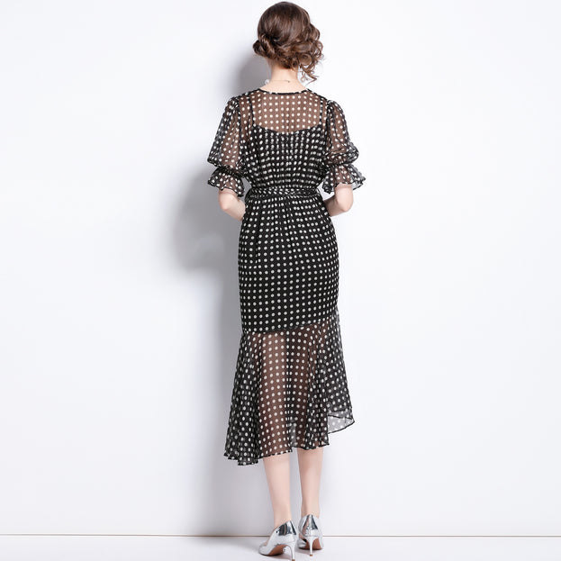 V-neck Lantern Sleeve Irregular Hem Polka Dot Dress