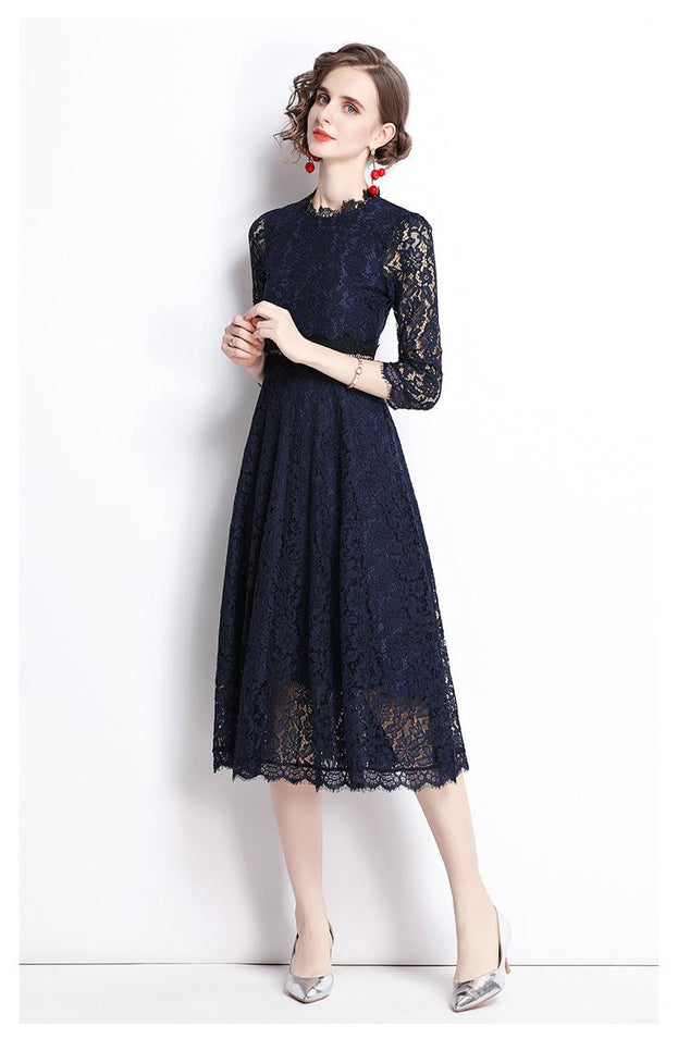 New Women's Temperament Lace Embroidery Slimming Mid-Length A-Line Skirt Dress