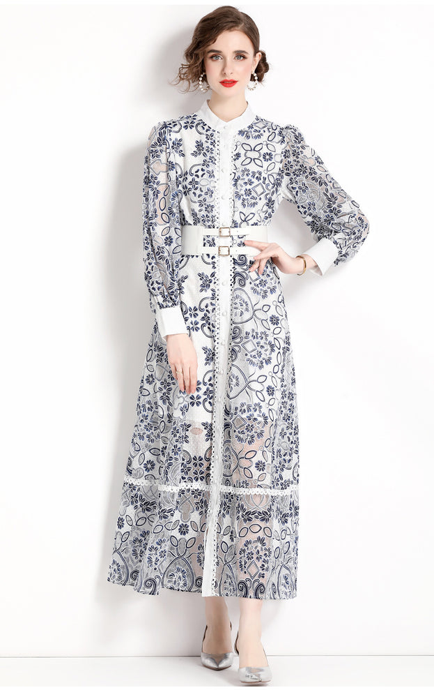 Long-Sleeved Single-Breasted Vintage Print Lace-Up Dress with Waist Tucked in