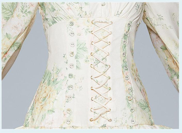 French Retro Palace Style Belt Waist Binding Waist Slimming Floral V-Neck Nine-Point Sleeve Dress