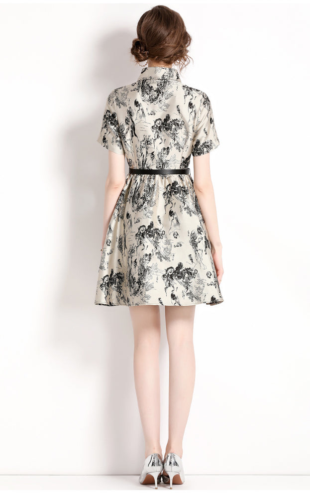 Temperament Vintage Jacquard Lapel Short Sleeve Slim Look Slim Mid-Skirt Dress
