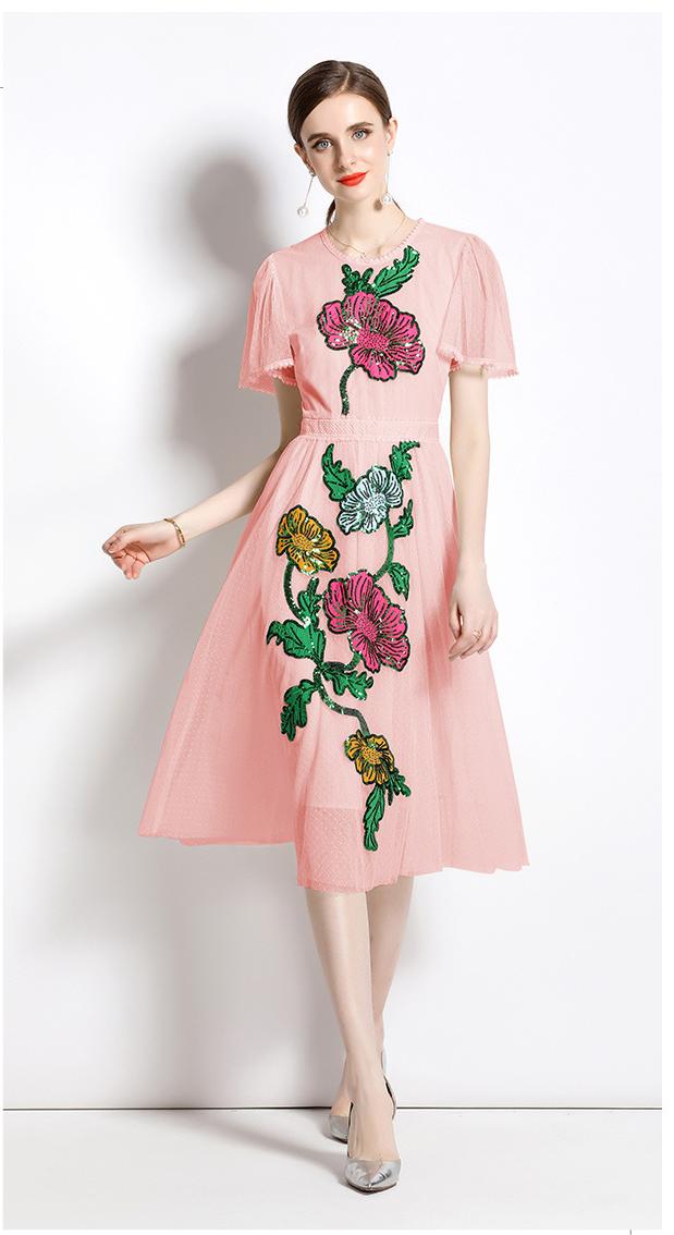 Temperament Round Neck Ruffled Edge Short-Sleeved Sequin Mesh Embroidery Mid-Length Dress
