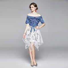 Temperament Off-Shoulder Short Sleeve Denim Patchwork Gauze Skirt Slim Irregular Mid-Skirt Dress