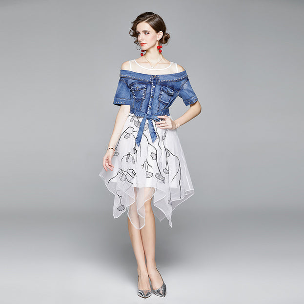 Temperament Off-Shoulder Short Sleeve Denim Patchwork Gauze Skirt Slim Irregular Mid-Skirt Dress