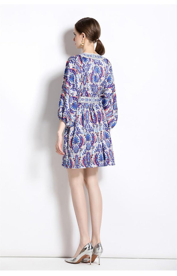 Retro Fashion National Style Printed V-Neck Long Sleeve Waist Closed Skirt Dress