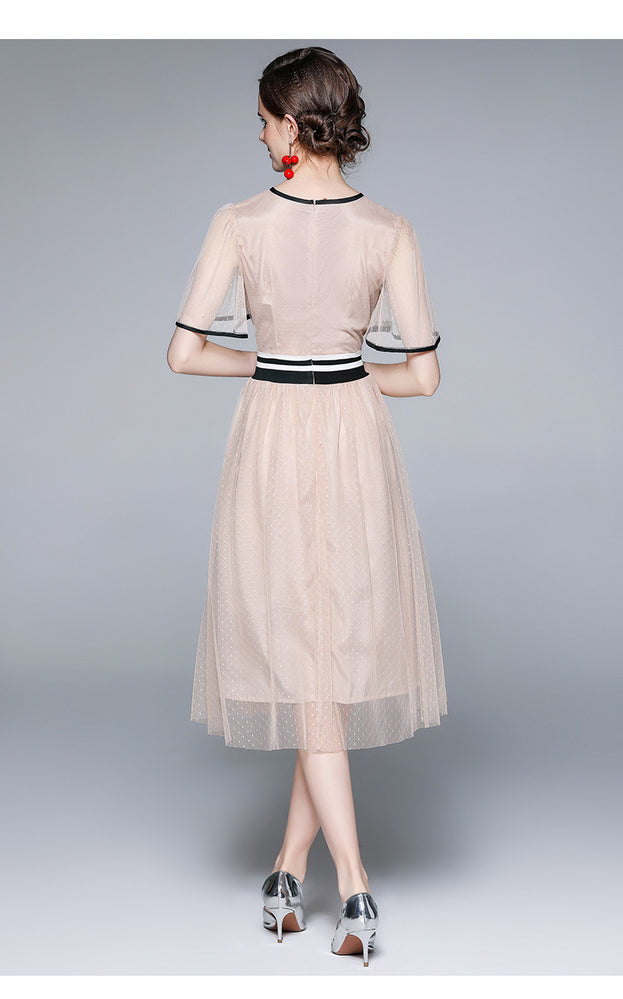 Embroidered Slim Waist Mesh Dress