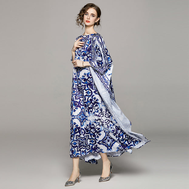 Fashionable Blue and White Porcelain One-Line Collar Loose Dress