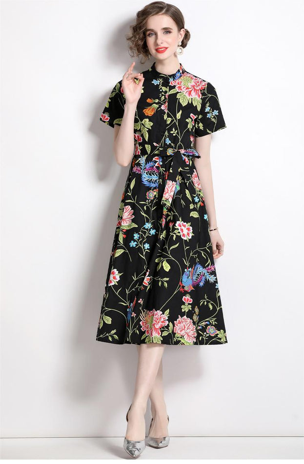 Vintage Printed Short-Sleeved Slim-Fit Mid-Length Large-Swing Dress
