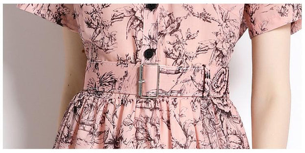 Temperament Vintage Print Short Sleeve Large Swing Slim Lapel Long Skirt Dress