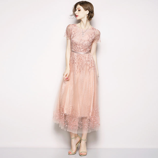 High-Waisted Gauze Embroidered Dress
