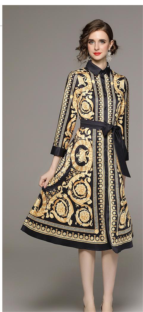 Fashion All Lap Closed Waist Slimming Positioning Palace Style Print Dress with Belt