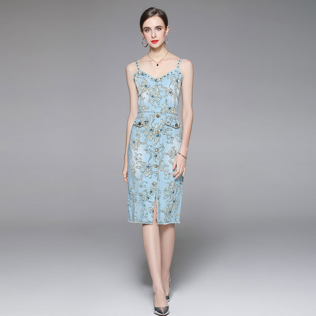 V-Neck Halter Printed Denim Slit Mid-Length Slim Dress