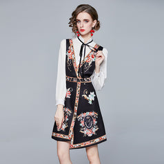 Stand Collar Long Sleeve Shirt and Printed Suspenders Skirt
