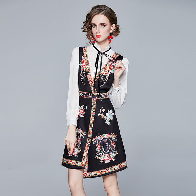 Stand Collar Long Sleeve Shirt and Printed Suspenders Skirt