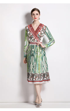 Fashion Suit Collar Tucked Waist Positioning Printed Pleated Dress