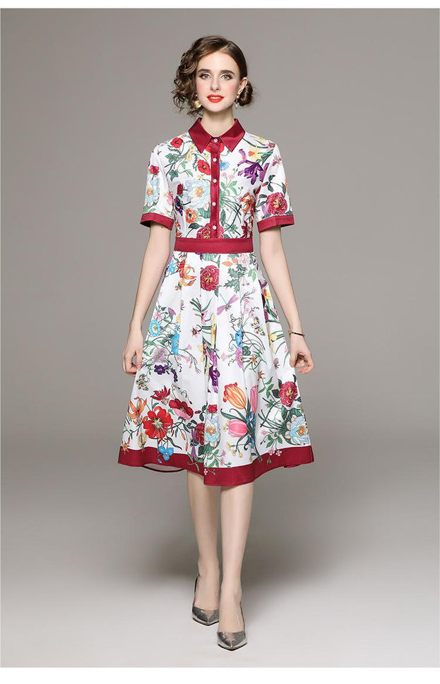 Fashion All-in-One Collection Waist Slimming Positioning Printed Short-Sleeved Dress