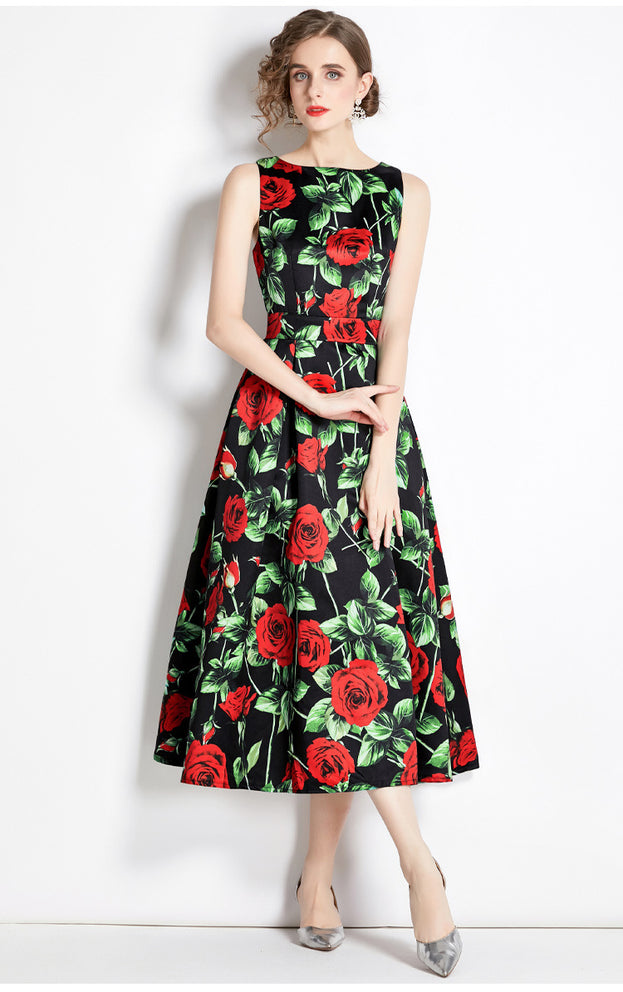 Vintage Print Sleeveless High-Waisted Dress