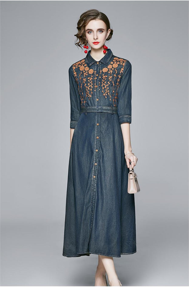 Embroidered Denim Dress