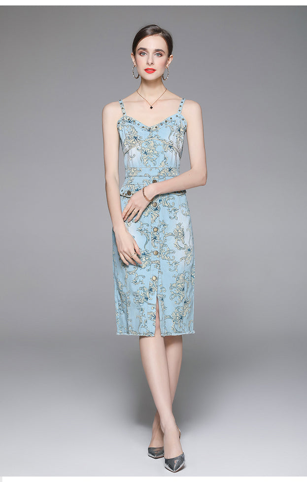 V-Neck Halter Printed Denim Slit Mid-Length Slim Dress