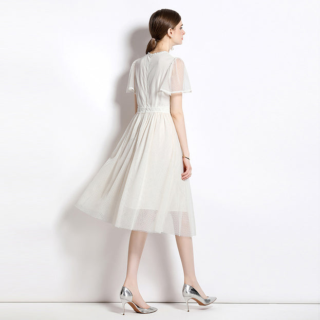 Temperament Round Neck Ruffled Edge Short-Sleeved Sequin Mesh Embroidery Mid-Length Dress