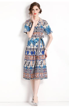 Vintage Printed Single Breasted Lace-Up Waist A-Line Skirt Short Sleeved Dress