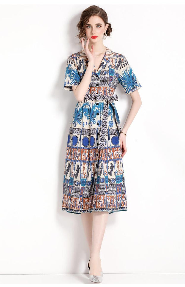 Vintage Printed Single Breasted Lace-Up Waist A-Line Skirt Short Sleeved Dress