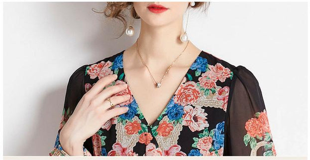 Vintage Print Lantern Sleeve Dress