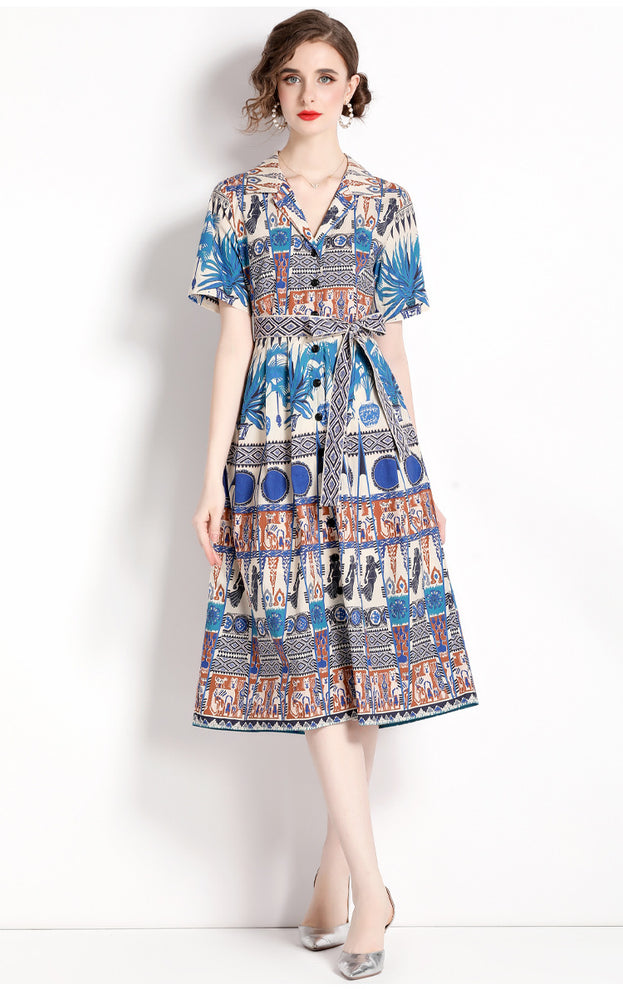 Vintage Printed Single Breasted Lace-Up Waist A-Line Skirt Short Sleeved Dress
