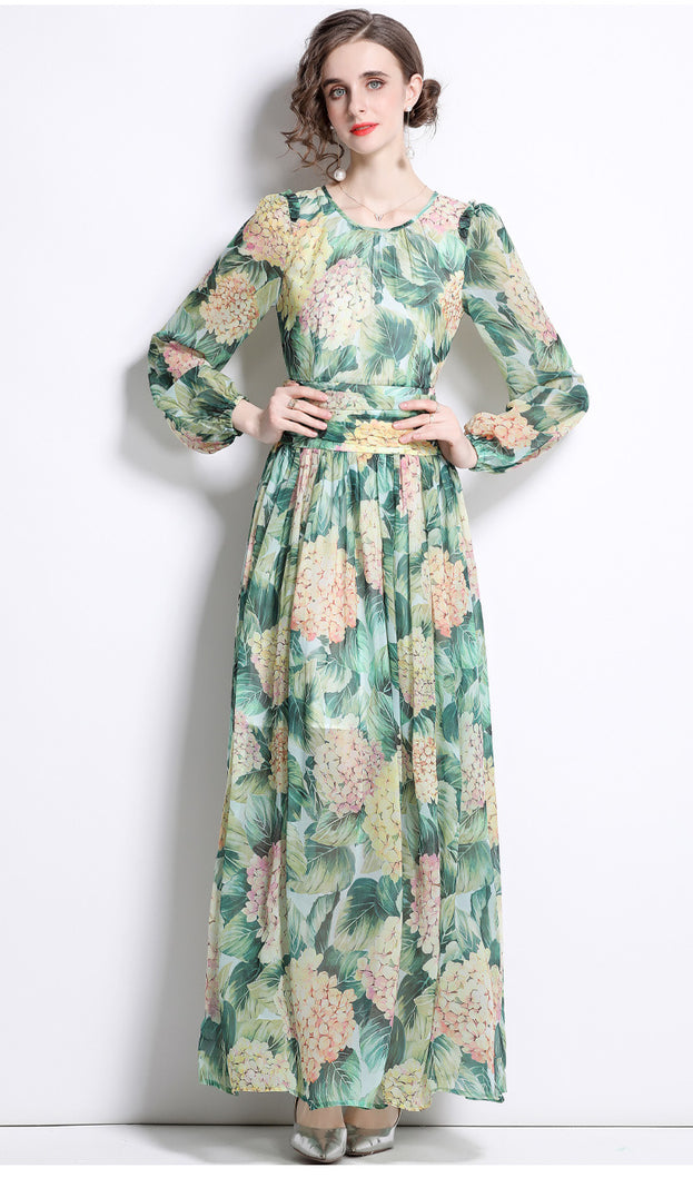 Temperament Chiffon Print Long-Sleeved Slim Long Skirt Green Crew Neck Dress