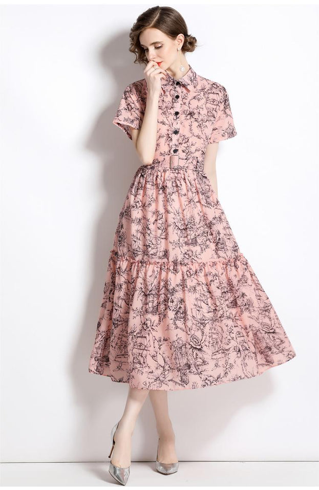 Temperament Vintage Print Short Sleeve Large Swing Slim Lapel Long Skirt Dress