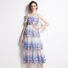 Printed Cake Skirt Lace-Up Suspender Dress