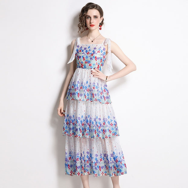 Printed Cake Skirt Lace-Up Suspender Dress