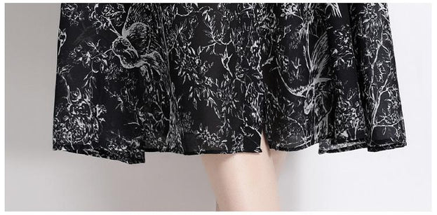 Temperament Vintage Print Short Sleeve Large Swing Slim Lapel Long Skirt Dress