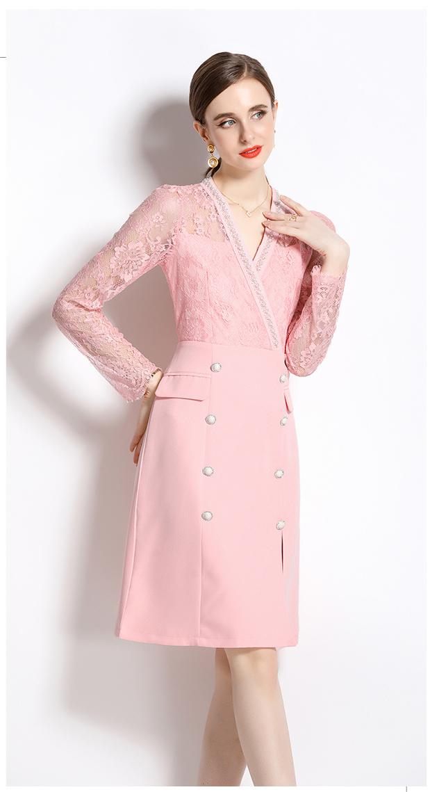 Light Ripe Temperament Pink V-Neck Long-Sleeved Dress Tucked in Waist Slit Skirt