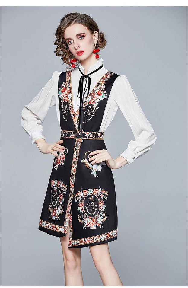 Stand Collar Long Sleeve Shirt and Printed Suspenders Skirt