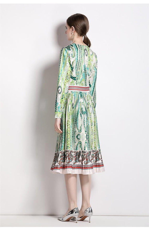 Fashion Suit Collar Tucked Waist Positioning Printed Pleated Dress
