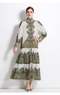 Vintage Print Long-Sleeved Full-Length Skirt Fashion Single-Breasted Stand-Up Collar Dress