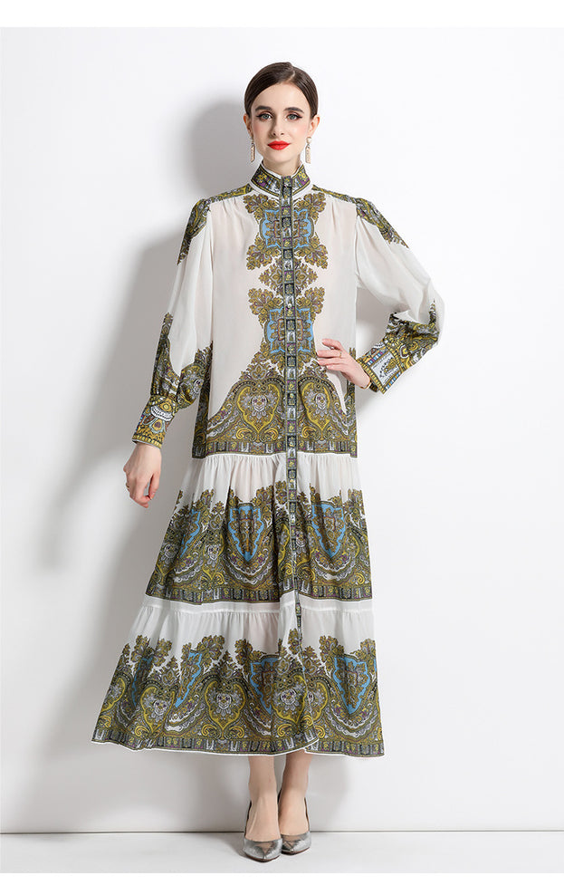 Vintage Print Long-Sleeved Full-Length Skirt Fashion Single-Breasted Stand-Up Collar Dress